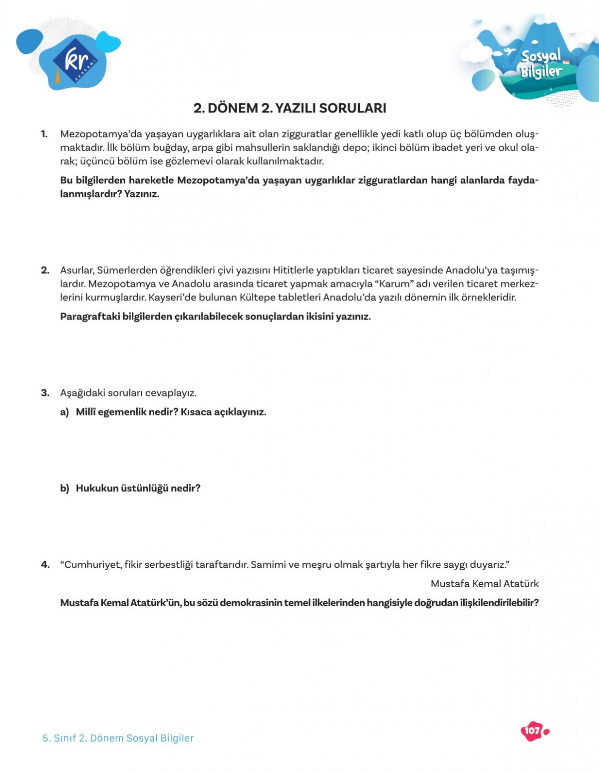 5. Sınıf Tüm Dersler 2. Dönem Yazılı Hazırlık Kitabı KR Akademi Yayınları