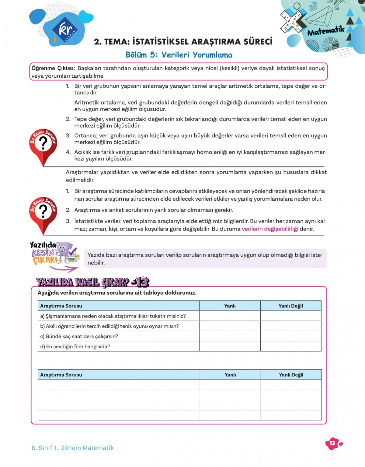 6. Sınıf Tüm Dersler 1. Dönem Yazılı Hazırlık Kitabı KR Akademi Yayınları