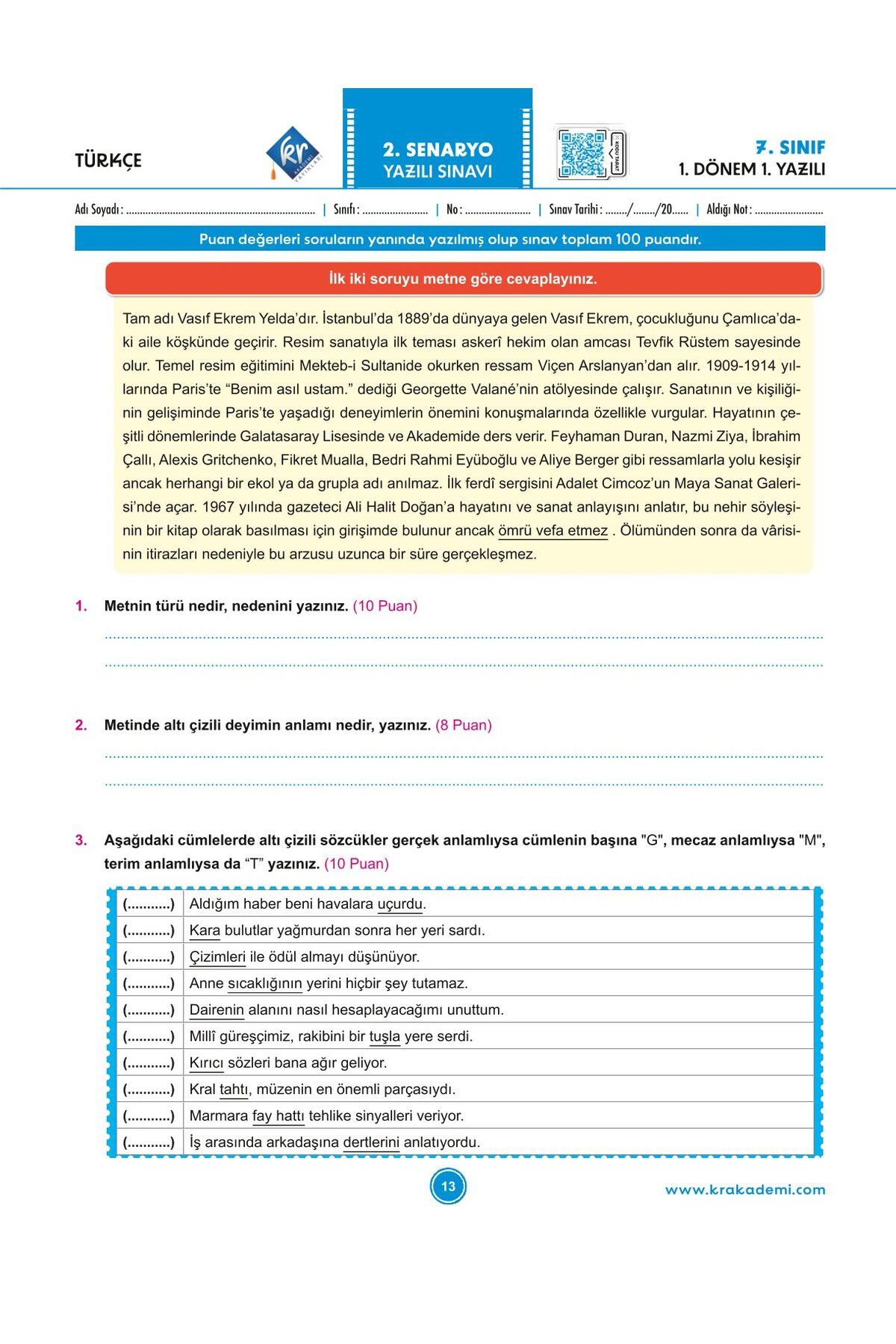 7. Sınıf 1. Dönem Tüm Dersler Yazılılara Hazırlık Kitabı KR Akademi Yayınları