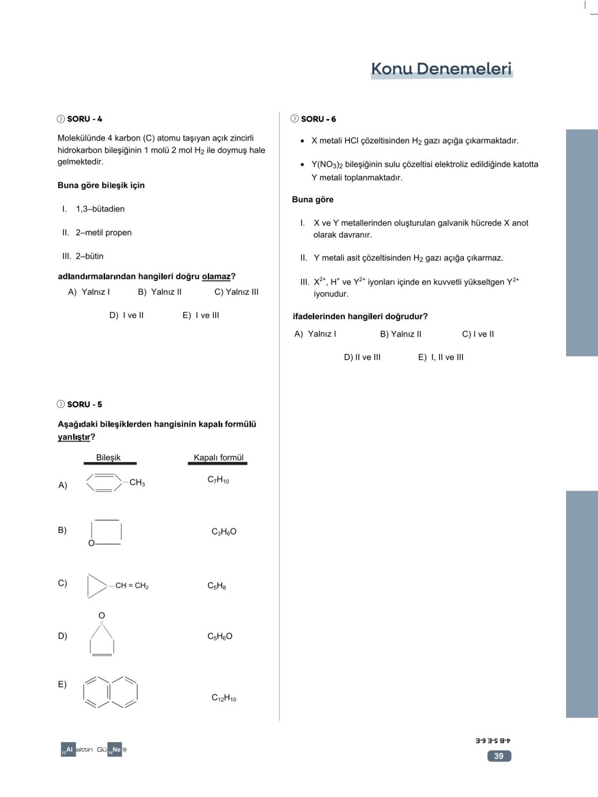 Alaittin Güneş AYT Kimya Son 5 Soru Denemeleri 30 Deneme