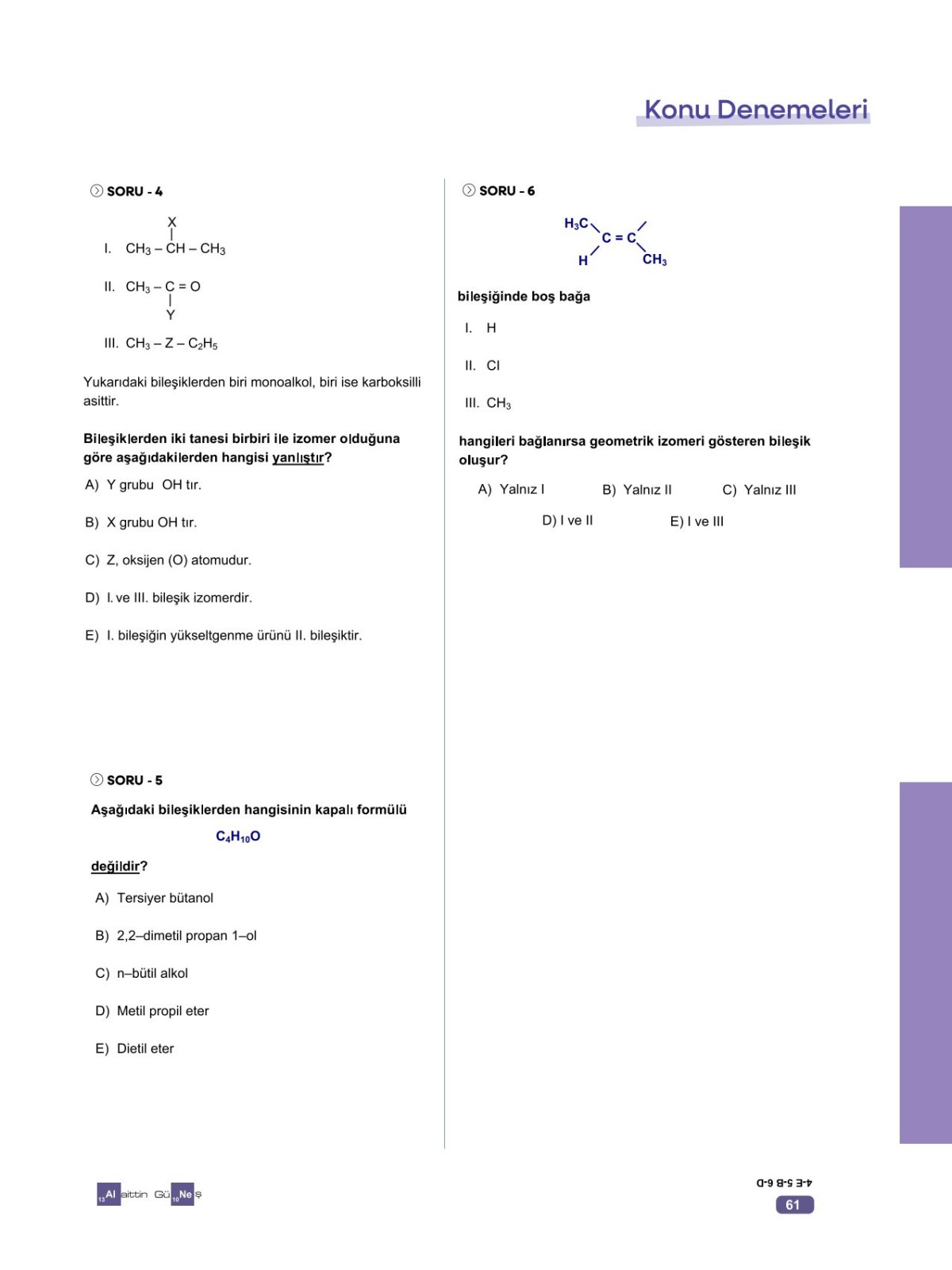 Alaittin Güneş AYT Kimya Son 5 Soru Denemeleri 30 Deneme