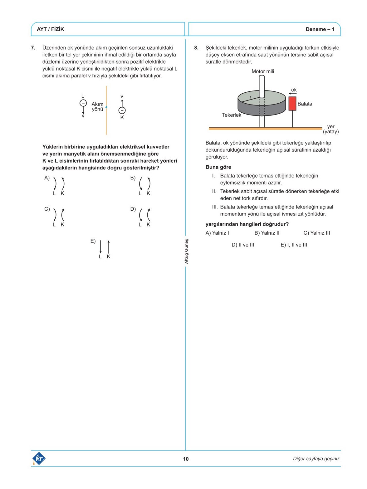 Altuğ Güneş AYT Fizik Denemeleri 15 Adet KR Akademi Yayınları