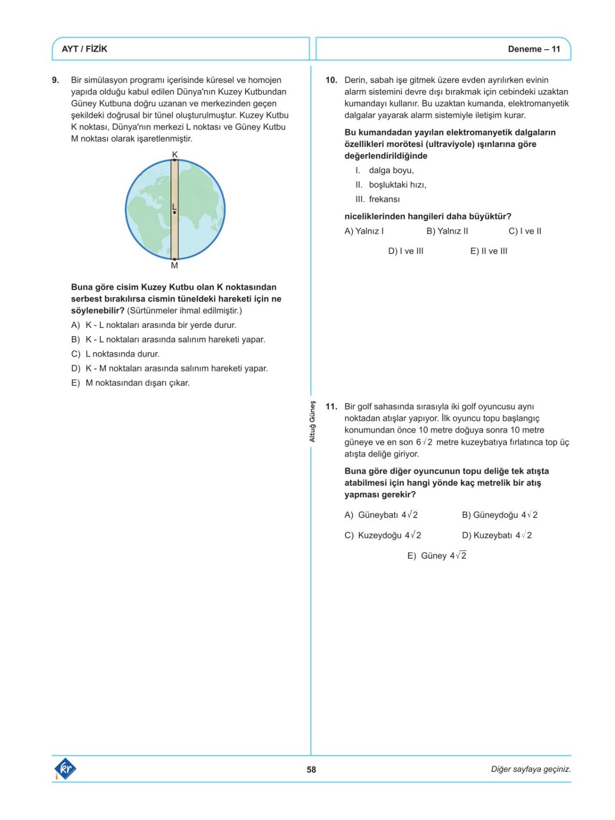 Altuğ Güneş AYT Fizik Denemeleri 15 Adet KR Akademi Yayınları