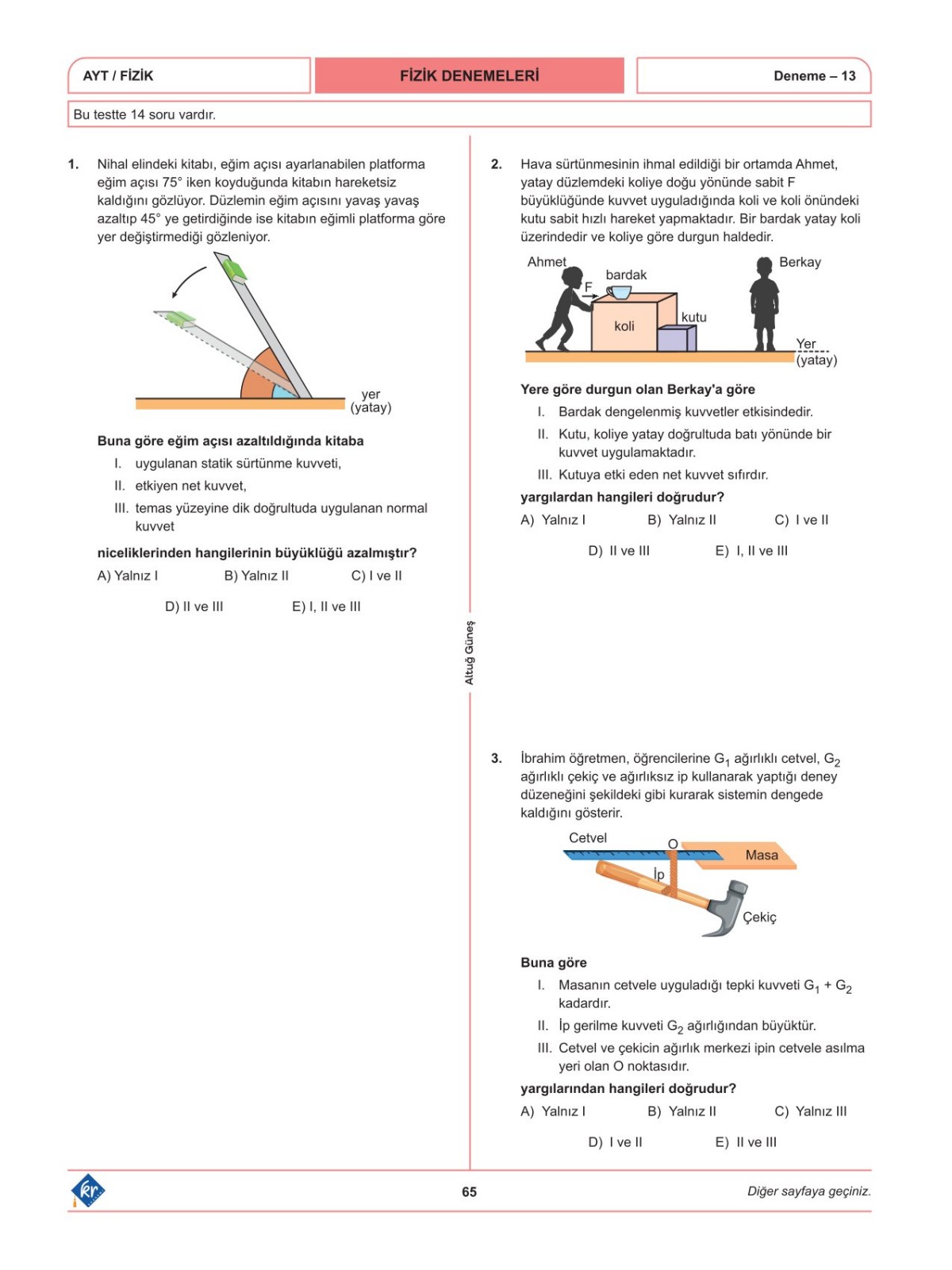 Altuğ Güneş AYT Fizik Denemeleri 15 Adet KR Akademi Yayınları