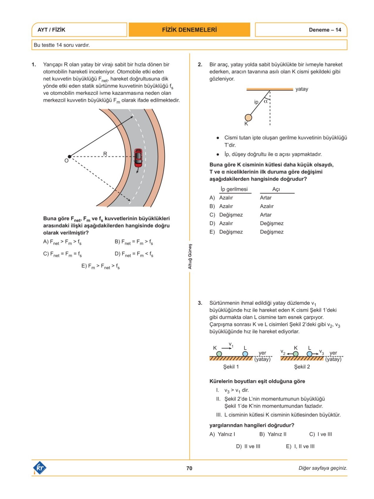 Altuğ Güneş AYT Fizik Denemeleri 15 Adet KR Akademi Yayınları