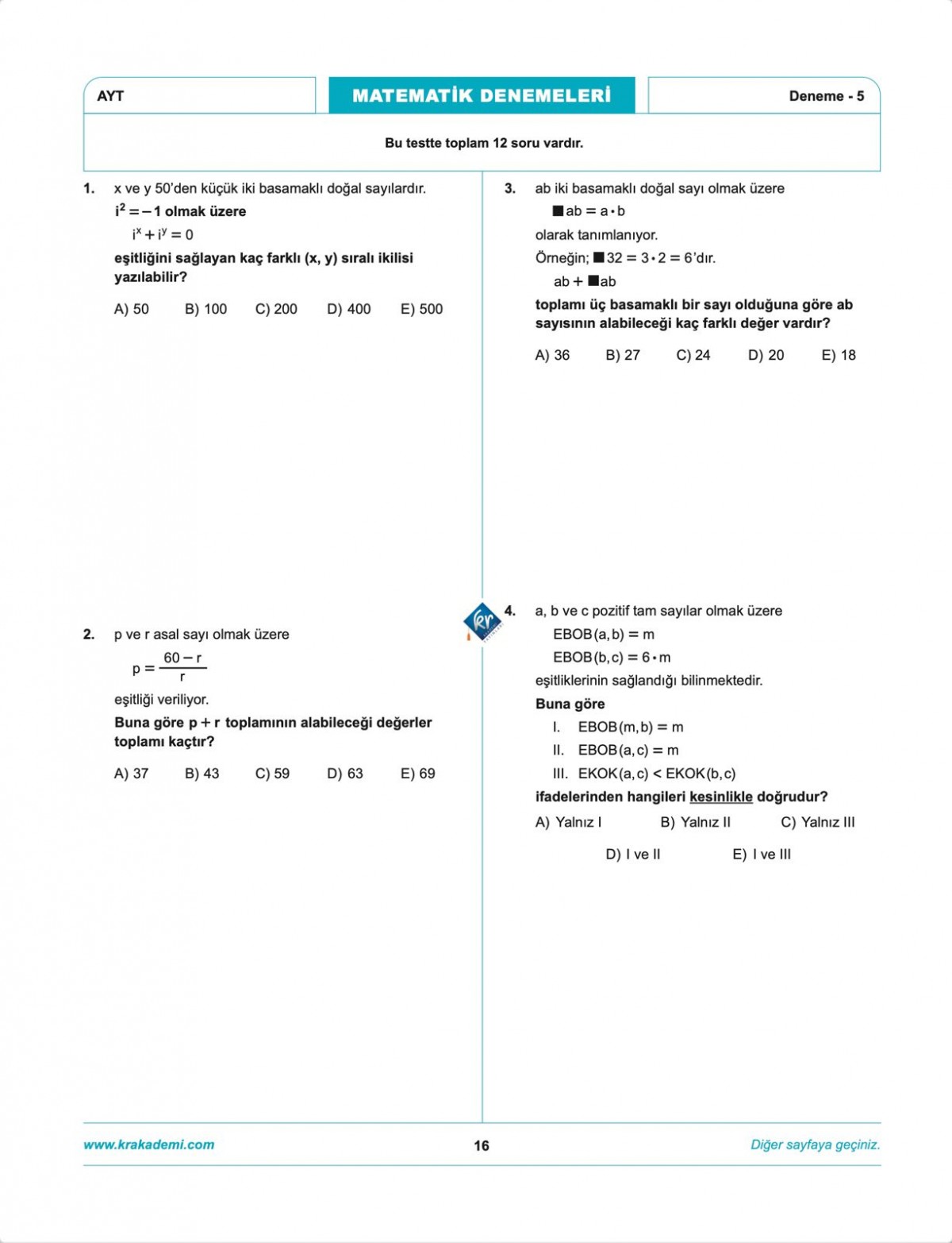 Anıl Hoca İle Matematik AYT İlk 10 Soru Denemeleri KR Akademi Yayınları