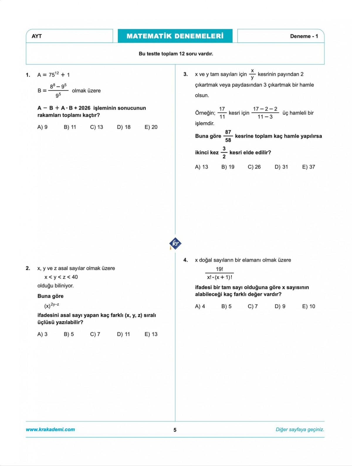 Anıl Hoca İle Matematik AYT İlk 10 Soru Denemeleri KR Akademi Yayınları