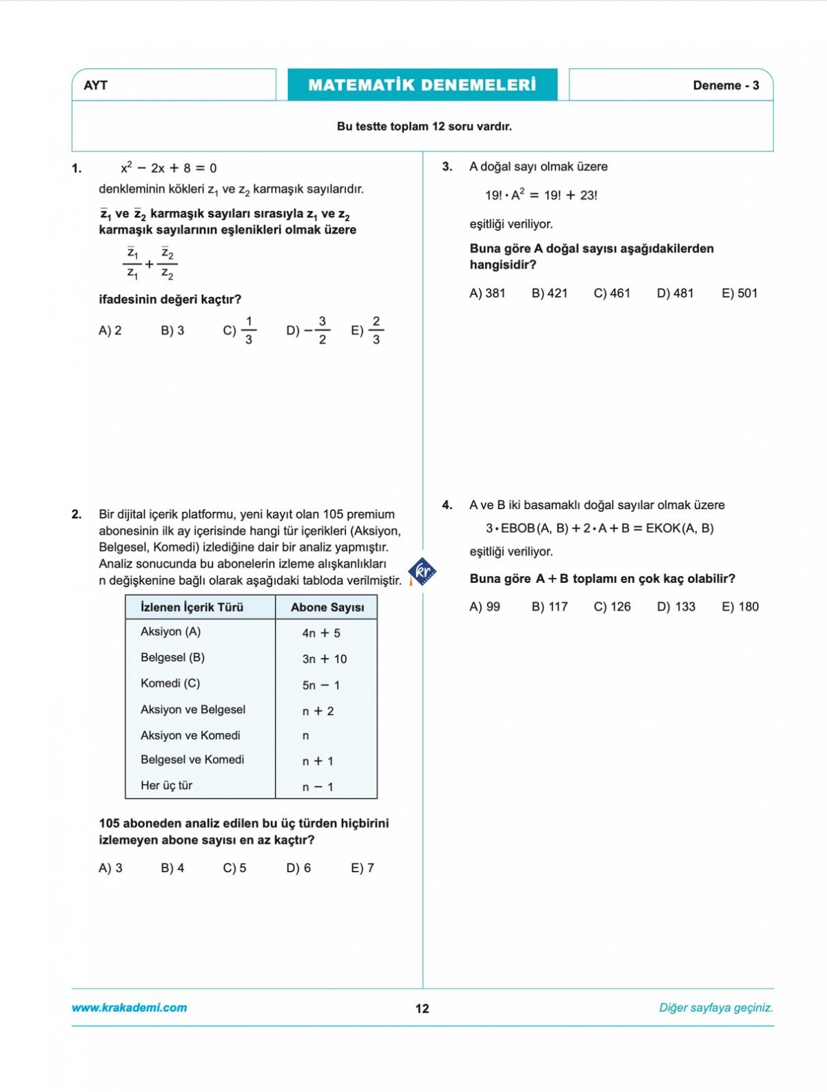 Anıl Hoca İle Matematik AYT İlk 10 Soru Denemeleri KR Akademi Yayınları