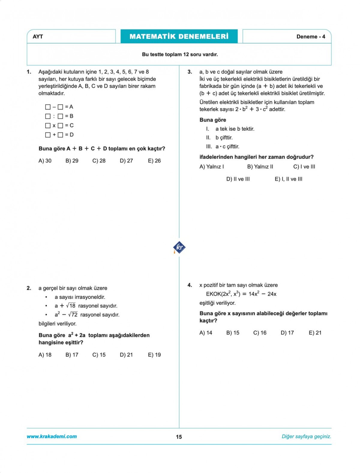 Anıl Hoca İle Matematik AYT İlk 10 Soru Denemeleri KR Akademi Yayınları Anıl Hoca İle Matematik AYT İlk 10 Soru Denemeleri KR Akademi Yayınları