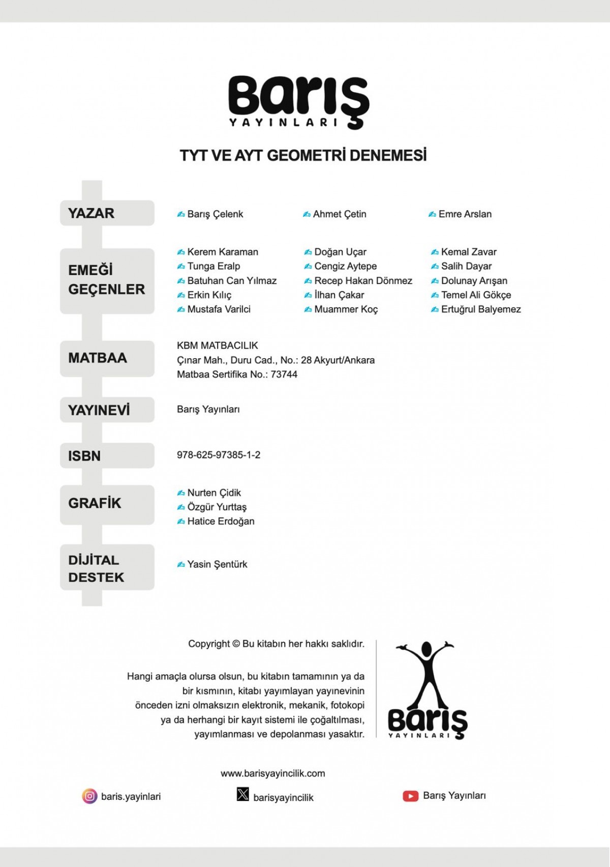 Barış Yayınları TYT-AYT Geometri Denemesi 10 Adet TYT 10 Adet AYT