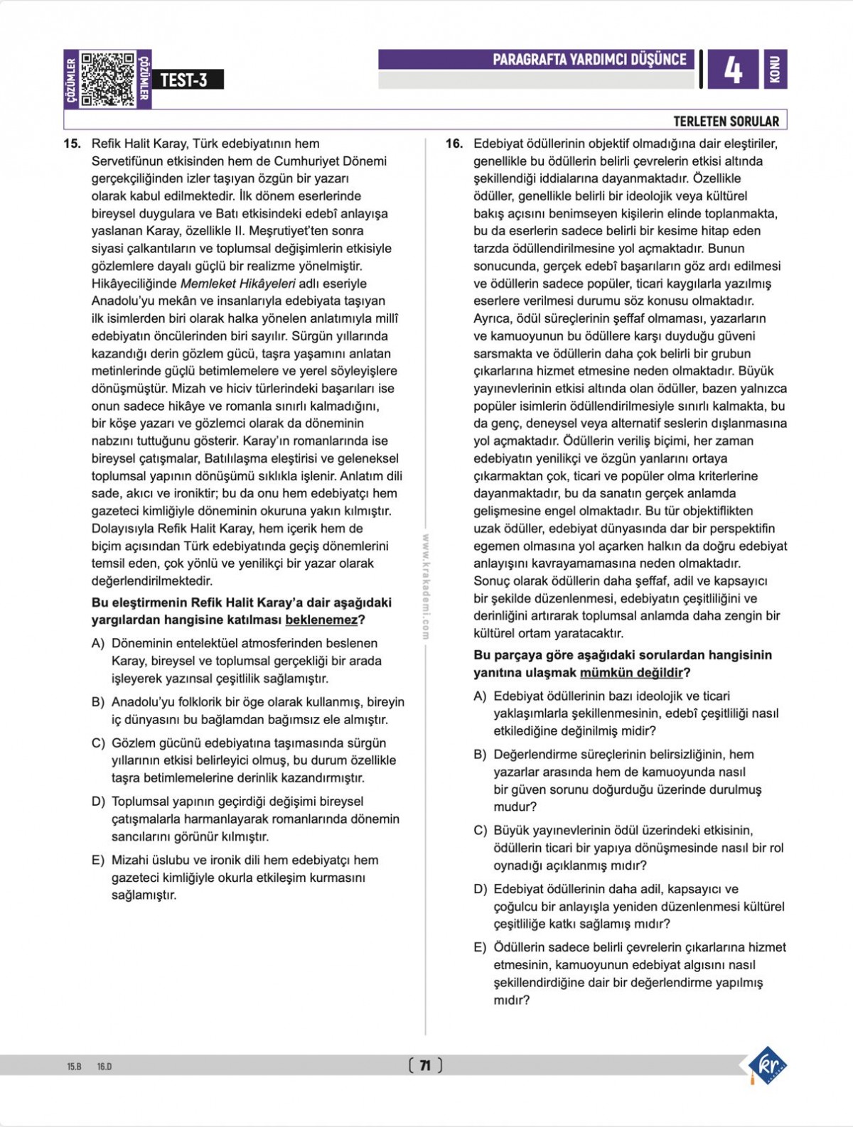 Deniz Hoca Tüm Sınavlar İçin Paragraf Soru Bankası Meşakkat Serisi KR Akademi Yayınları