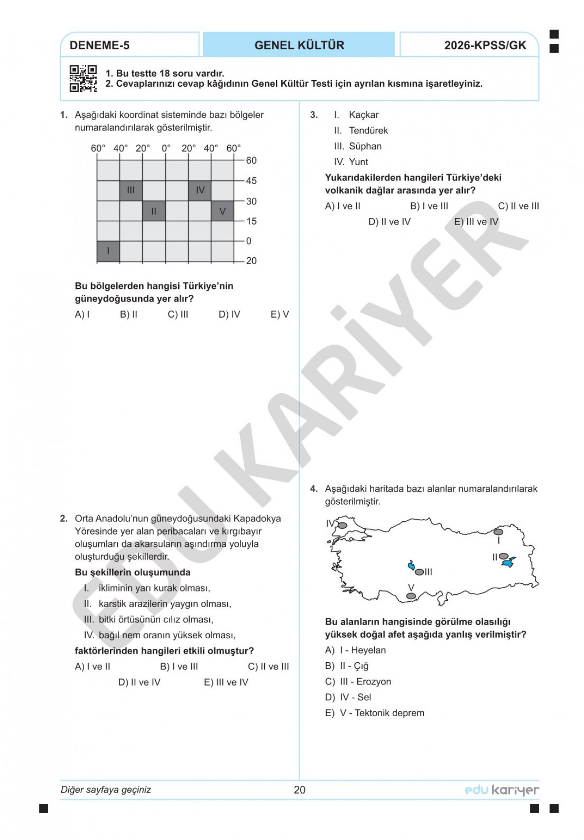 Edu Kariyer Coğrafyanın Kodları 2026 KPSS Coğrafya 20'li Branş Deneme Tamamı Çözümlü