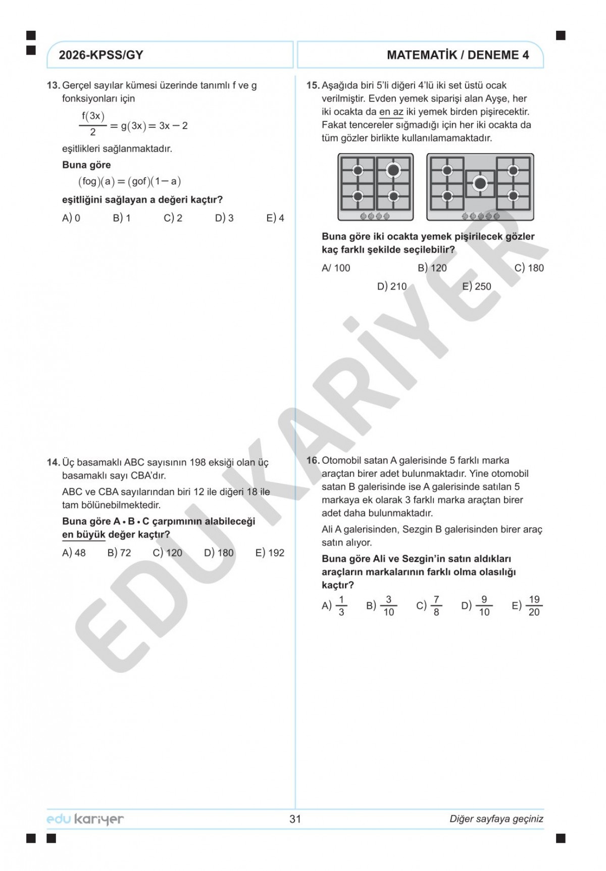 Edu Kariyer Mert Hoca 2026 KPSS Matematik 10'lu Branş Deneme Tamamı Çözümlü