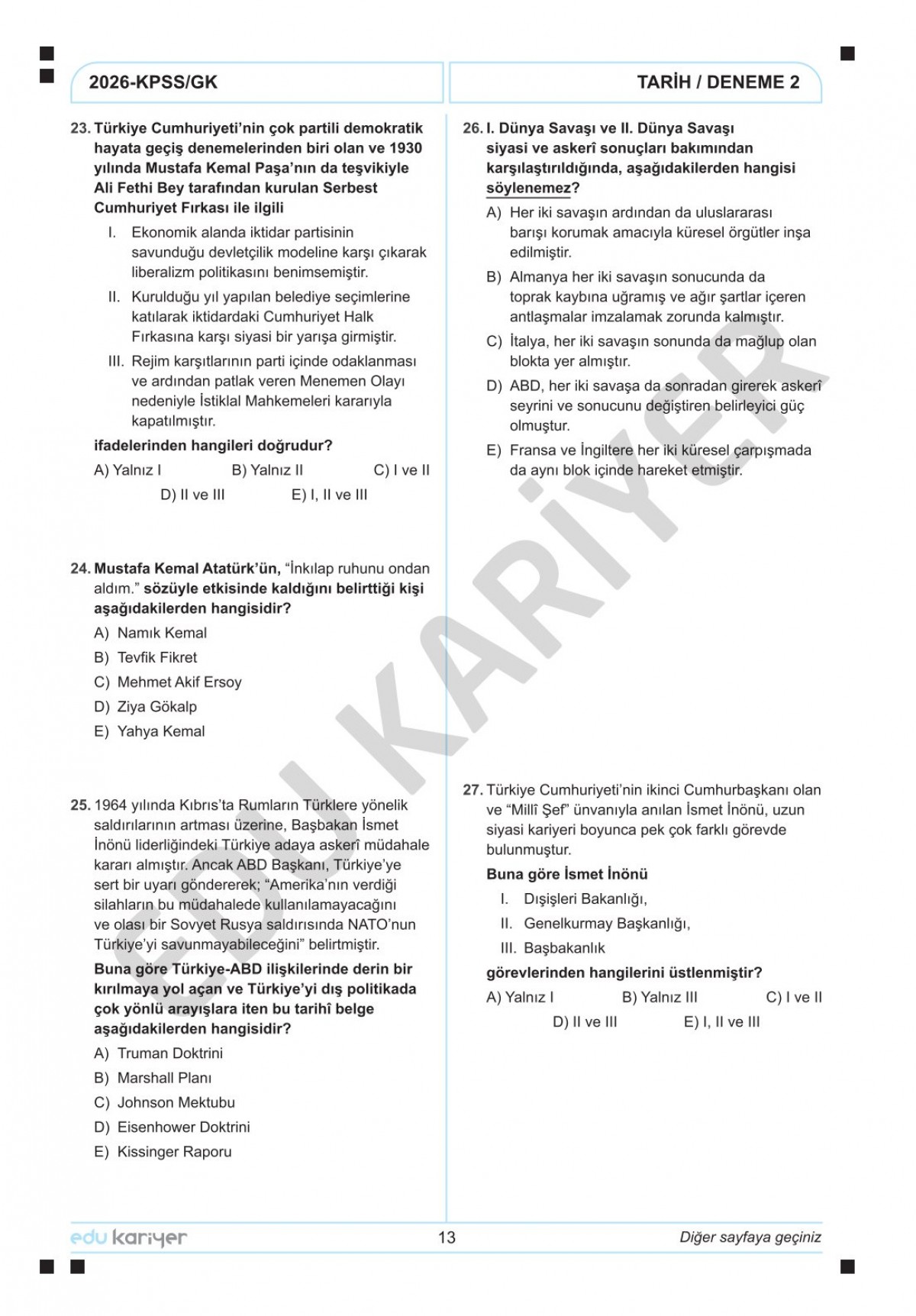 Edu Kariyer Sadettin Hoca 2026 KPSS Tarih 20'li Branş Deneme Tamamı Çözümlü Edu Kariyer Sadettin Hoca 2026 KPSS Tarih 20'li Branş Deneme Tamamı Çözümlü