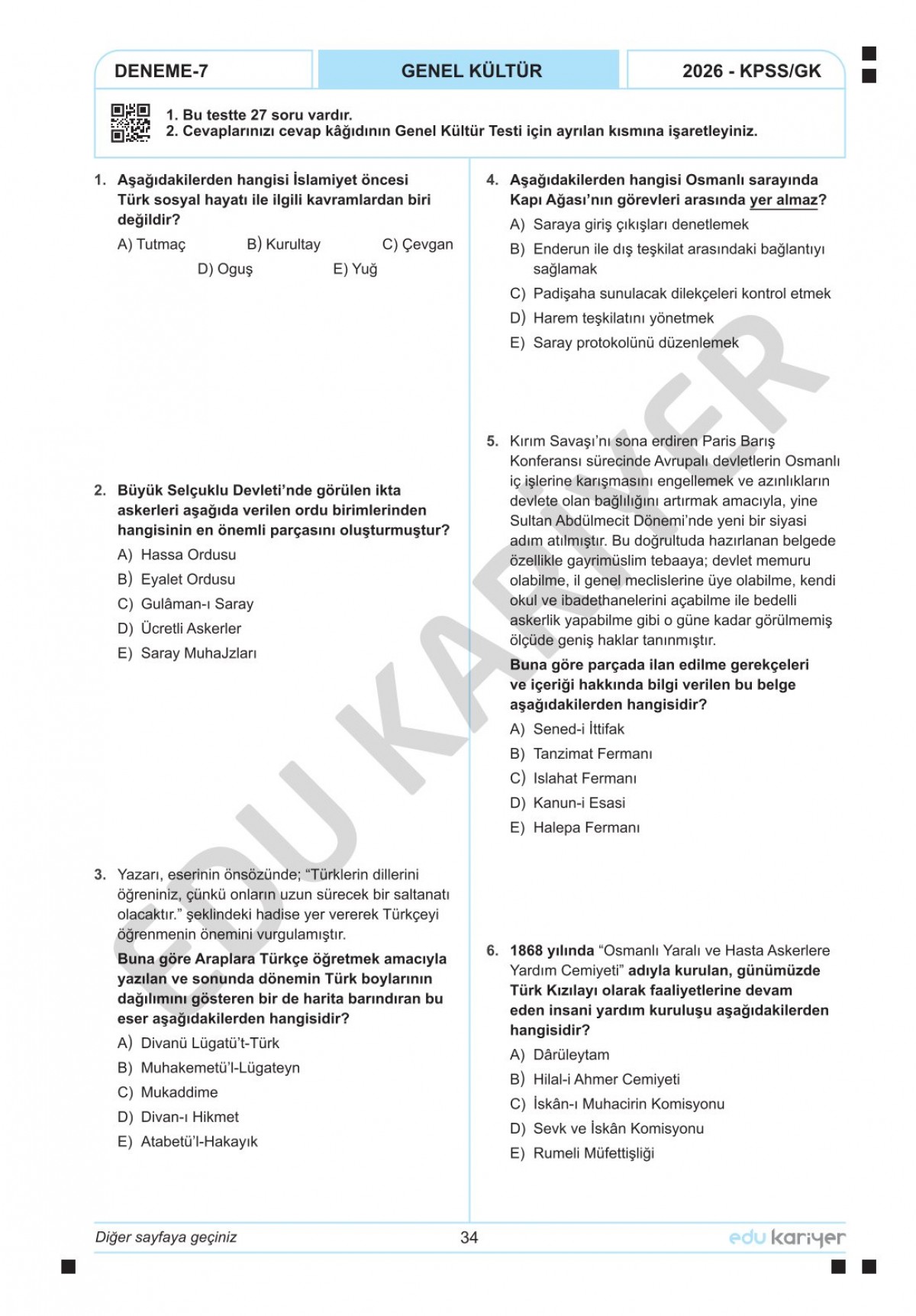 Edu Kariyer Sadettin Hoca 2026 KPSS Tarih 20'li Branş Deneme Tamamı Çözümlü