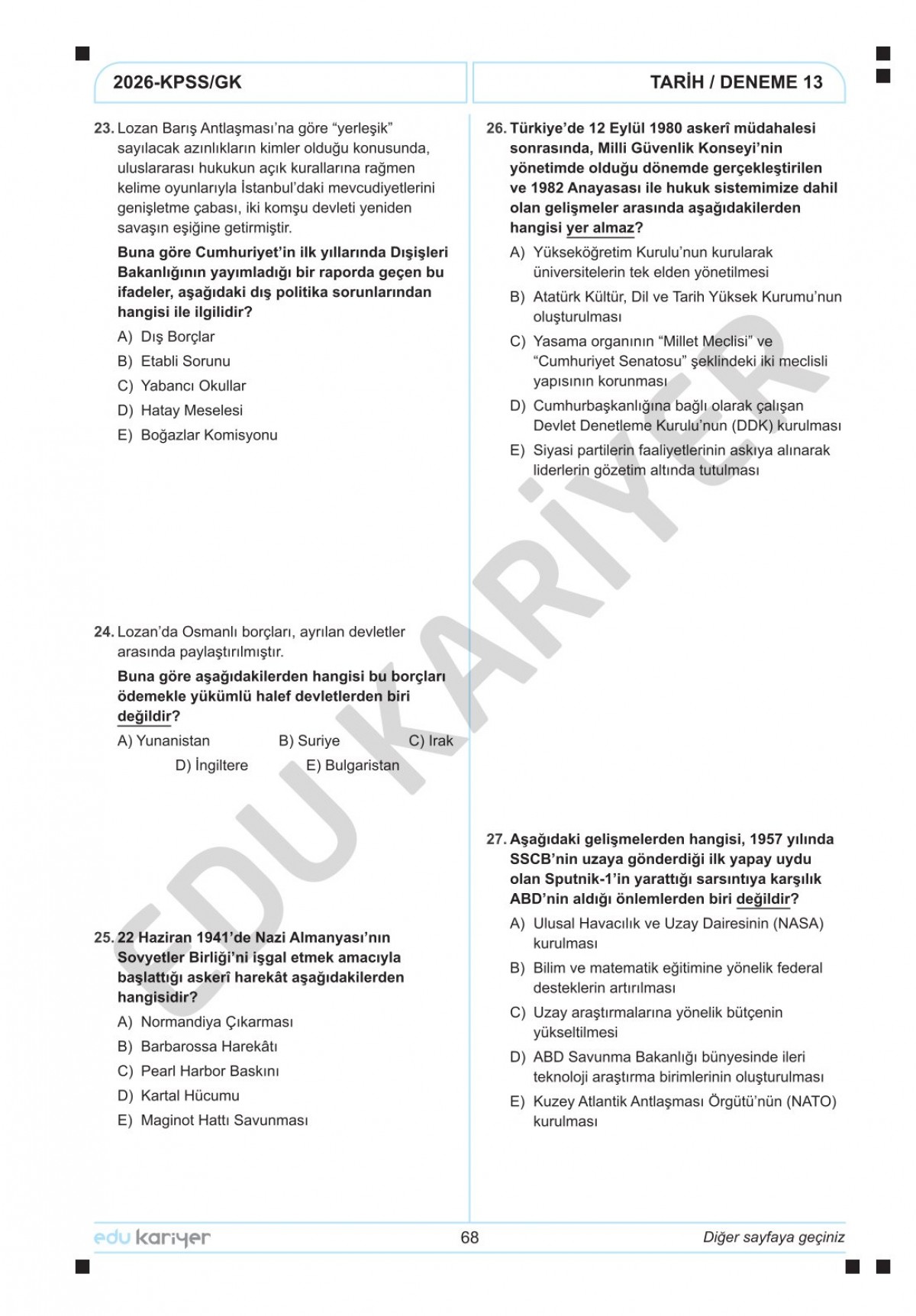 Edu Kariyer Sadettin Hoca 2026 KPSS Tarih 20'li Branş Deneme Tamamı Çözümlü