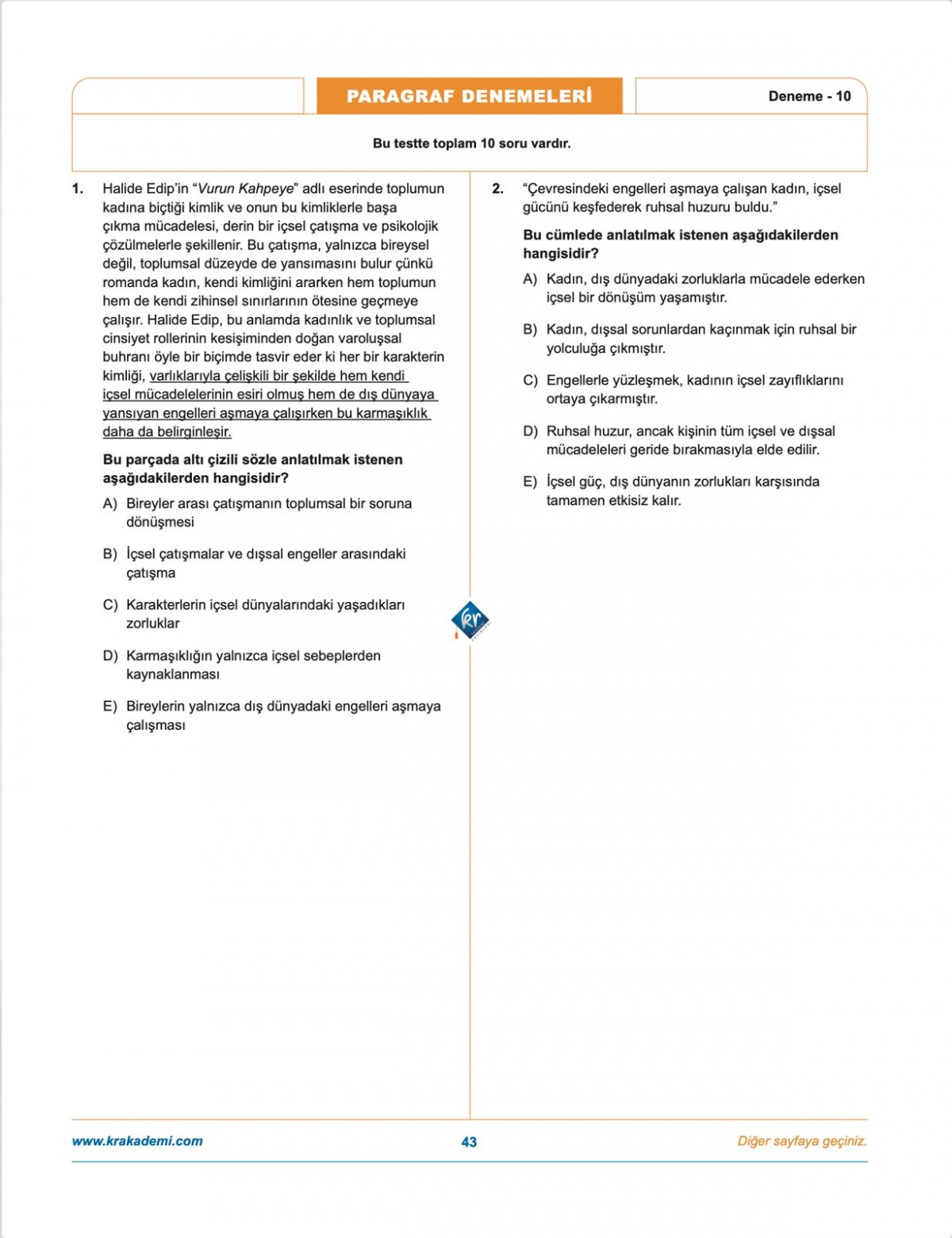 Gamze Hoca Türkçenin Matematiği Tüm Sınavlar İçin Paragraf 10 Deneme