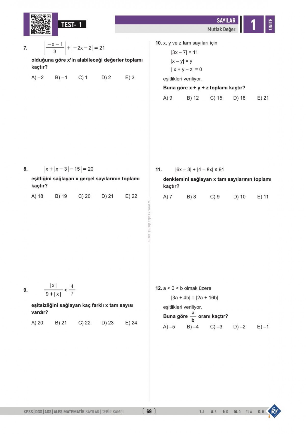 Gerçel Matematik KPSS DGS AGS ALES Sayılar Cebir İlk 15 Konuyu Fulle KR Akademi Yayınları