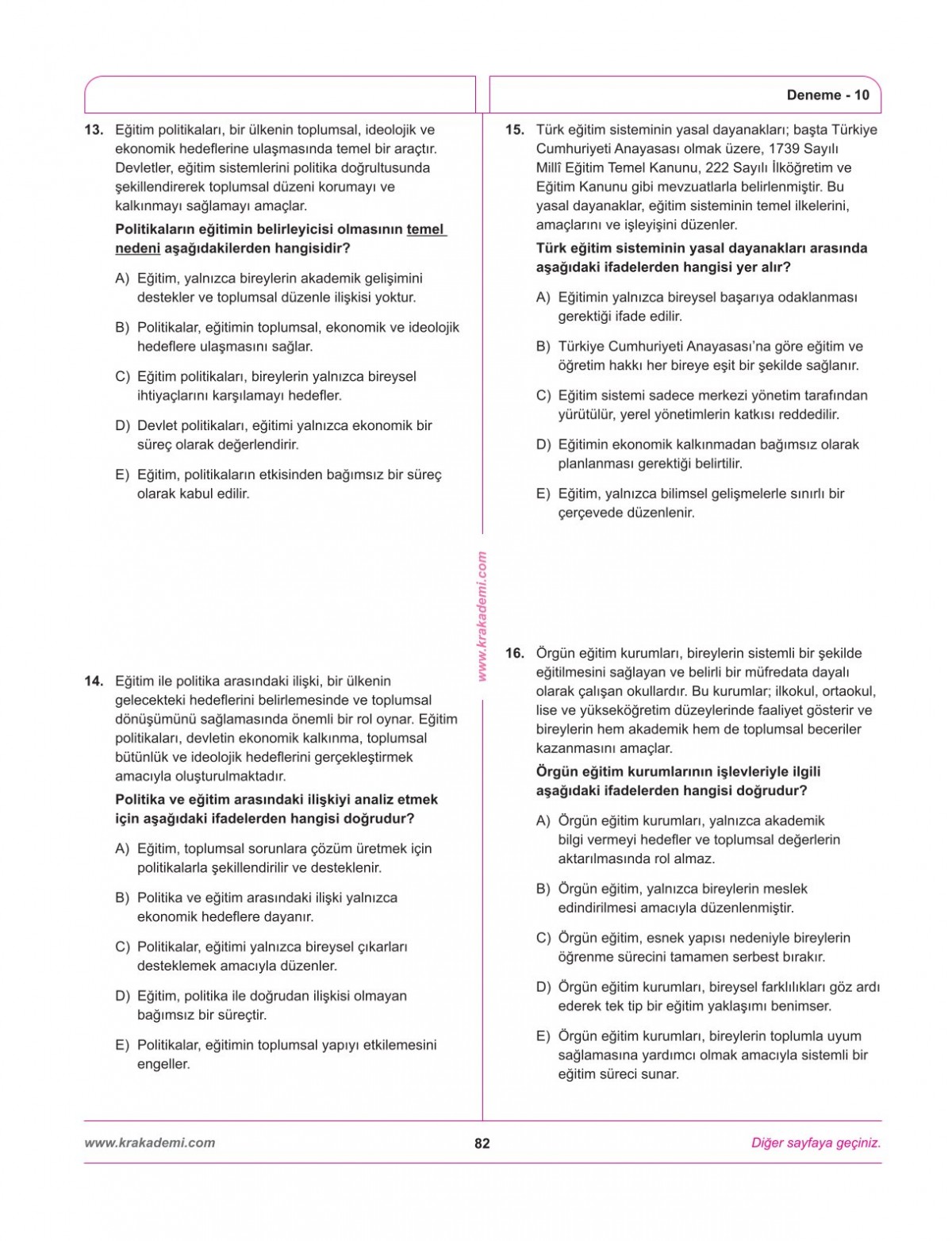 MEB AGS Eğitimin Temelleri ve Türk Milli Eğitim Sistemi Mevzuat 12 Deneme KR Akademi Yayınları