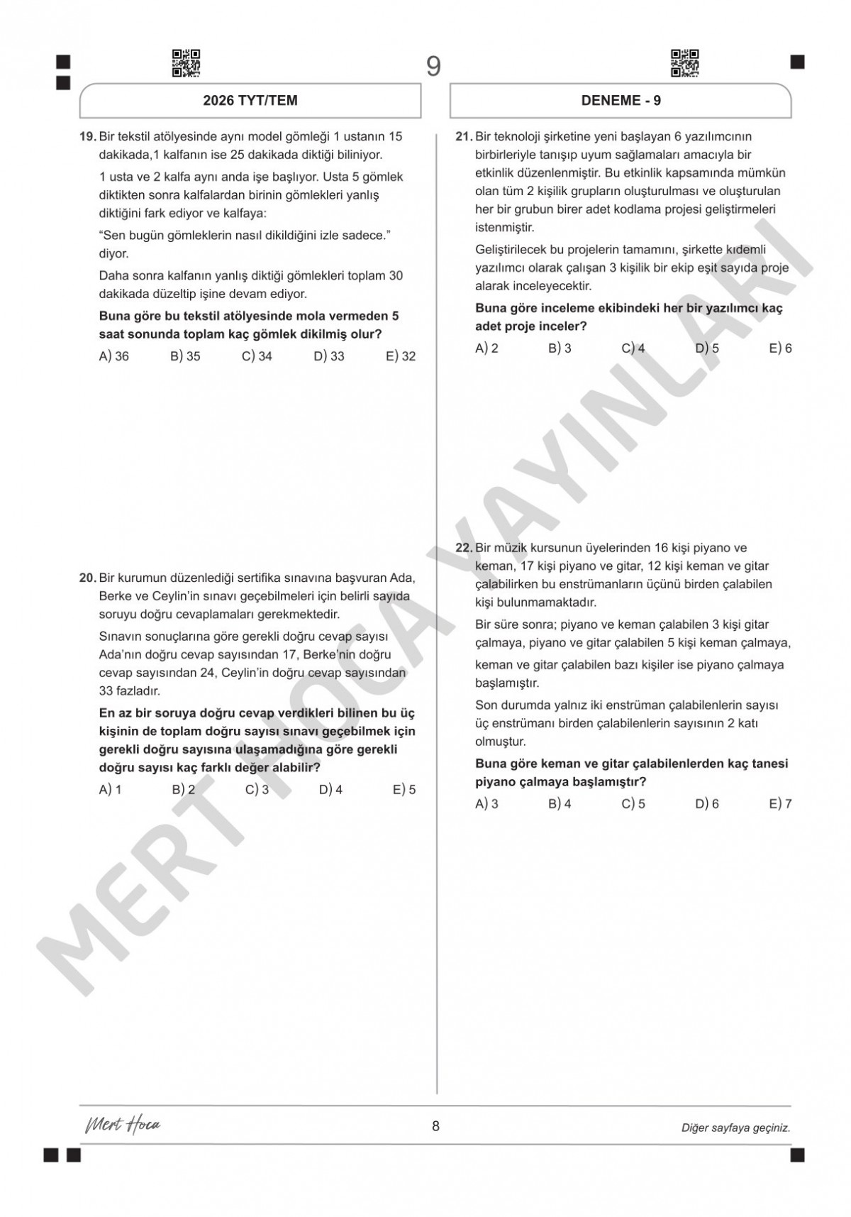Mert Hoca Yayınları TYT Matematik Branş Denemeleri 10 Adet