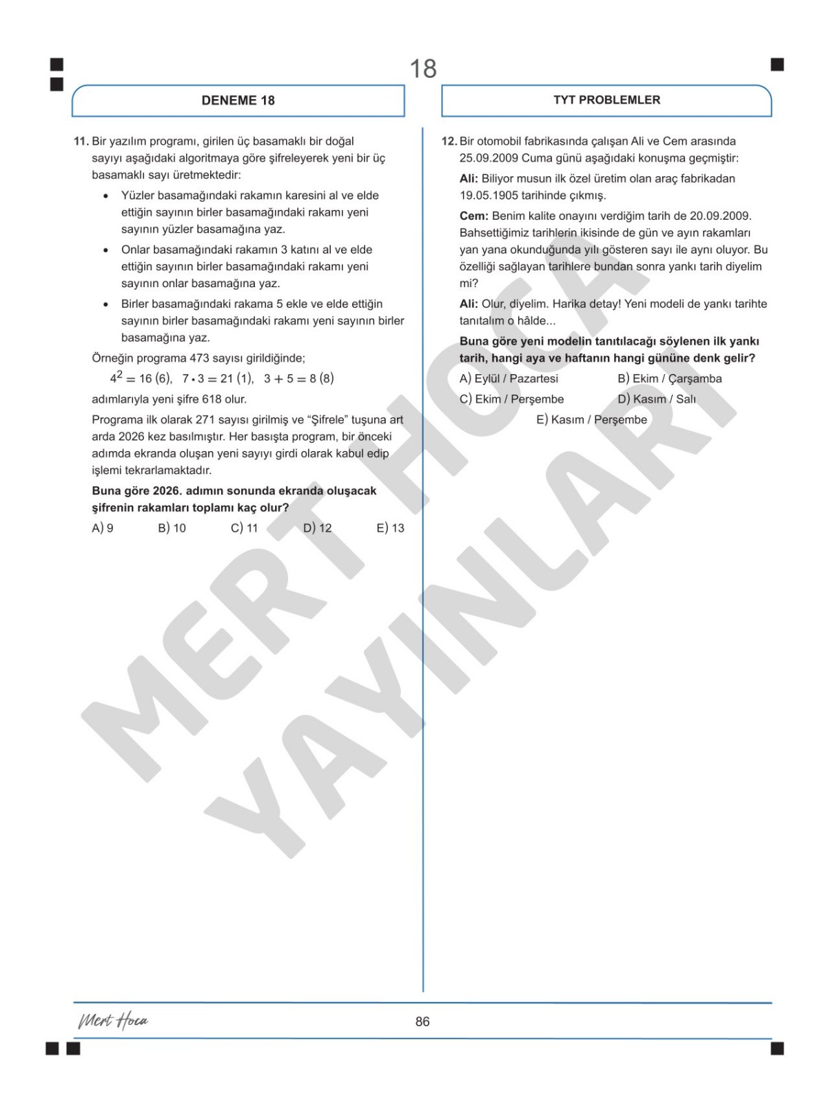 Mert Hoca Yayınları TYT Matematik Problemler Konu Denemeleri