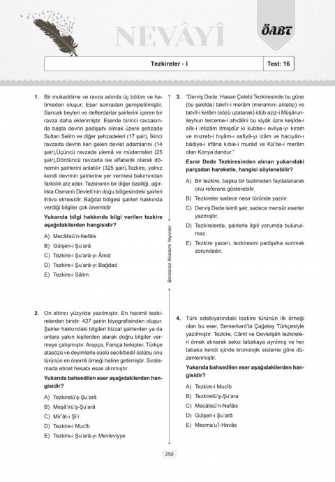 2024 ÖABT Nevayi Türk Dili ve Edebiyatı Öğretmenliği Çözümlü Soru Bankası Benzersiz Akademi Yayınları