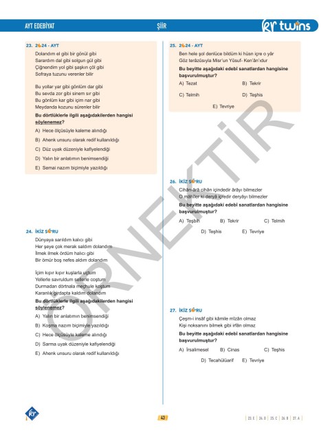 2026 AYT Twins Edebiyat Soru Bankası KR Akademi Yayınları