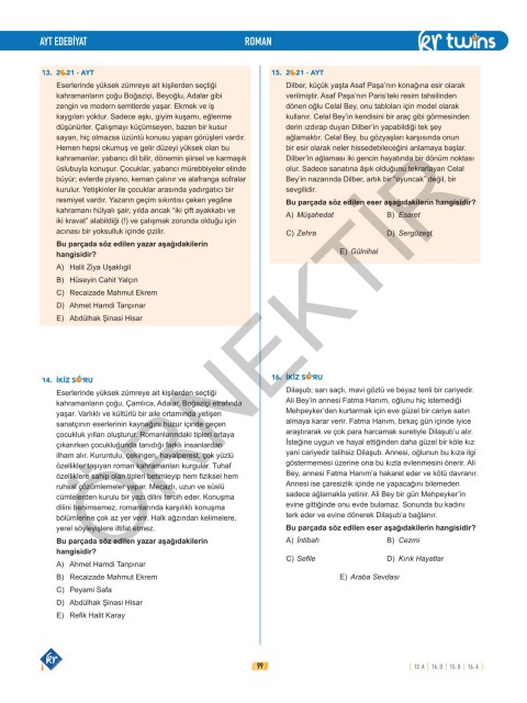 2026 AYT Twins Edebiyat Soru Bankası KR Akademi Yayınları