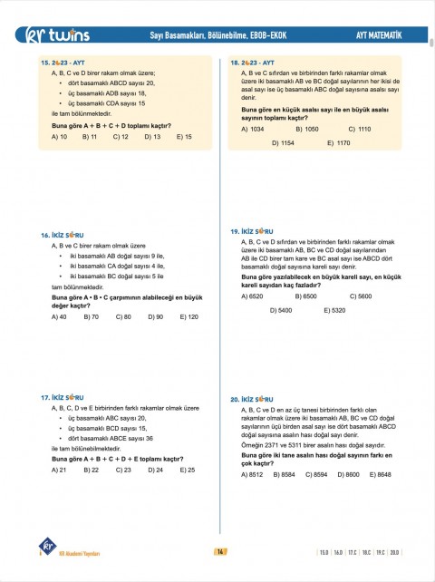 2026 AYT Twins Matematik Soru Bankası KR Akademi Yayınları