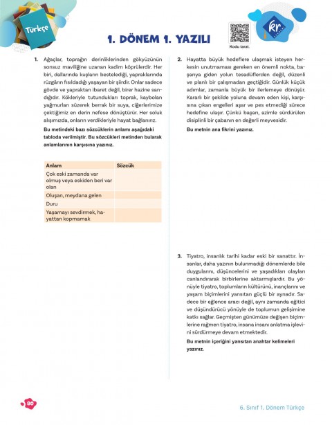 6. Sınıf Tüm Dersler 1. Dönem Yazılı Hazırlık Kitabı KR Akademi Yayınları