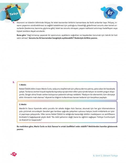 6. Sınıf Tüm Dersler 2. Dönem Yazılı Hazırlık Kitabı KR Akademi Yayınları