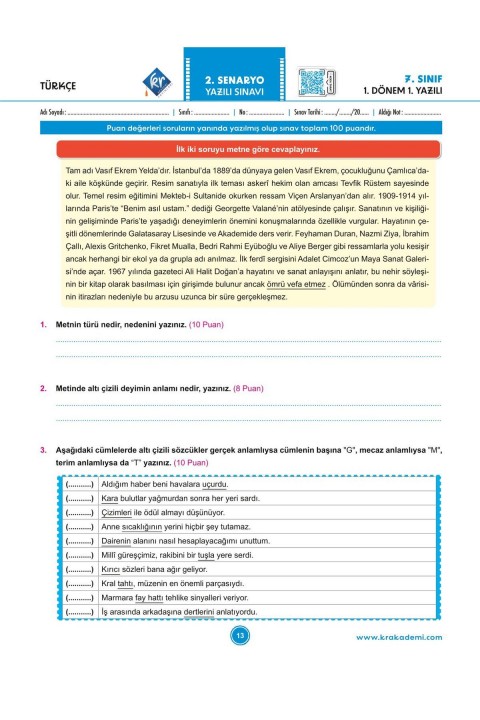 7. Sınıf 1. Dönem Tüm Dersler Yazılılara Hazırlık Kitabı KR Akademi Yayınları