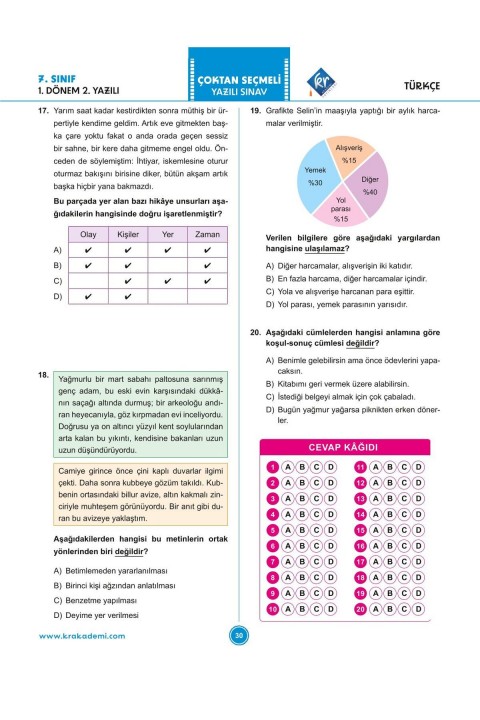 7. Sınıf 1. Dönem Tüm Dersler Yazılılara Hazırlık Kitabı KR Akademi Yayınları