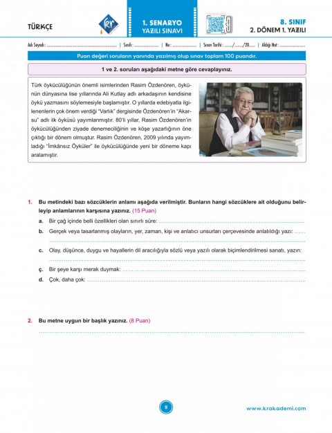 8. Sınıf 2. Dönem Tüm Dersler Yazılılara Hazırlık Kitabı KR Akademi Yayınları