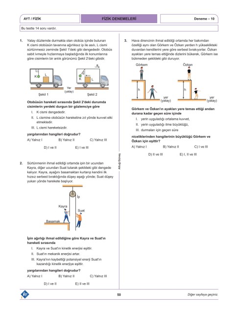 Altuğ Güneş AYT Fizik Denemeleri 15 Adet KR Akademi Yayınları