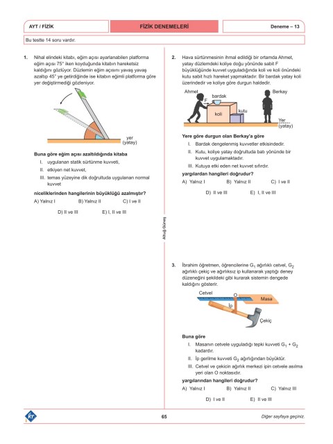 Altuğ Güneş AYT Fizik Denemeleri 15 Adet KR Akademi Yayınları