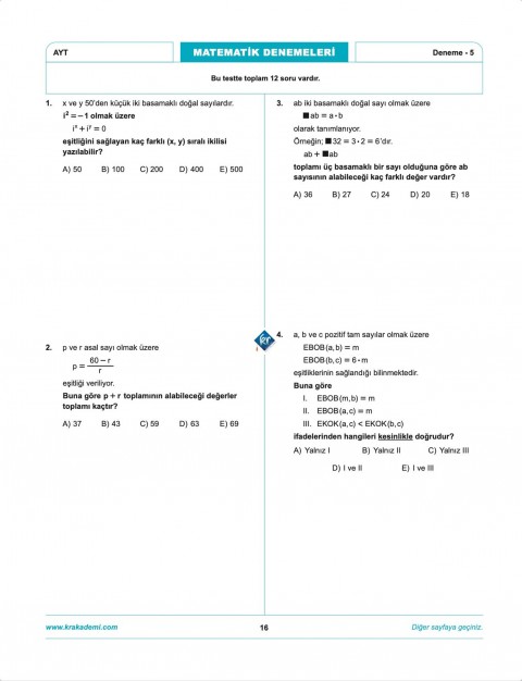Anıl Hoca İle Matematik AYT İlk 10 Soru Denemeleri KR Akademi Yayınları