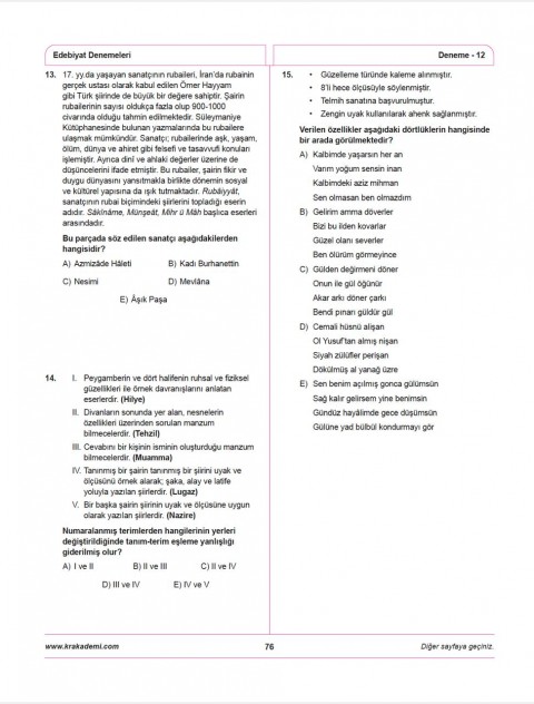 Deniz Hoca AYT Edebiyat 12 Deneme KR Akademi Yayınları