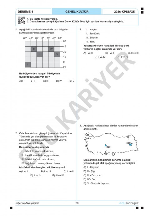 Edu Kariyer Coğrafyanın Kodları 2026 KPSS Coğrafya 20'li Branş Deneme Tamamı Çözümlü