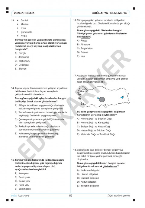 Edu Kariyer Coğrafyanın Kodları 2026 KPSS Coğrafya 20'li Branş Deneme Tamamı Çözümlü