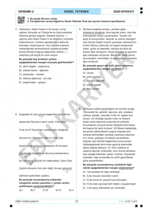 Edu Kariyer Deniz Hoca 2026 KPSS Türkçe 10'lu Branş Deneme Tamamı Çözümlü