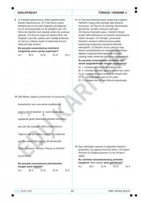 Edu Kariyer Deniz Hoca 2026 KPSS Türkçe 10'lu Branş Deneme Tamamı Çözümlü