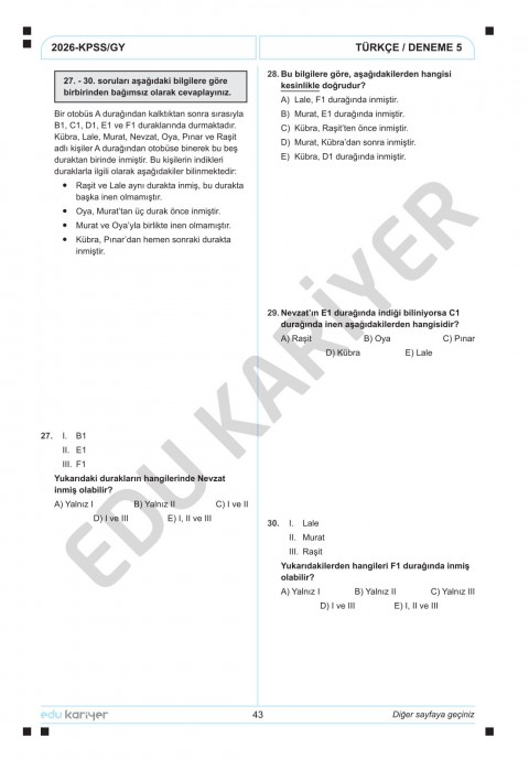 Edu Kariyer Deniz Hoca 2026 KPSS Türkçe 10'lu Branş Deneme Tamamı Çözümlü