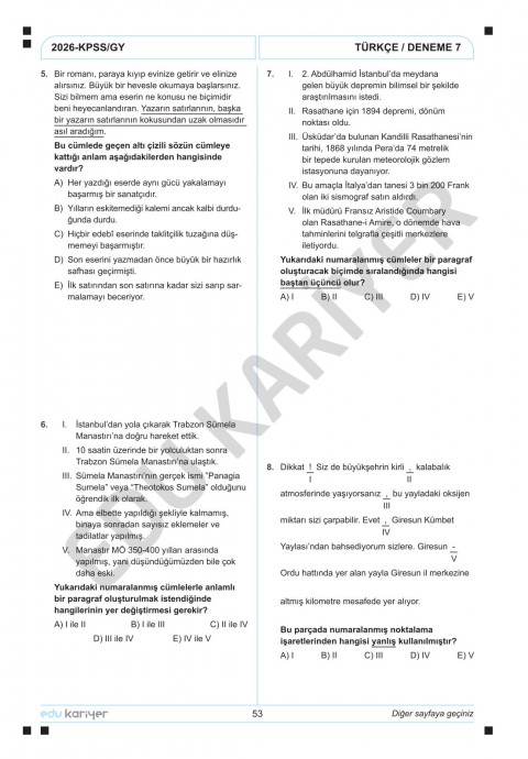 Edu Kariyer Deniz Hoca 2026 KPSS Türkçe 10'lu Branş Deneme Tamamı Çözümlü