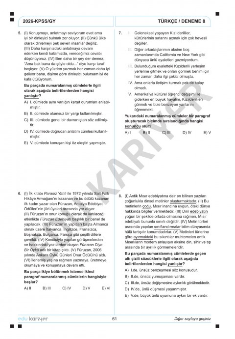 Edu Kariyer Deniz Hoca 2026 KPSS Türkçe 10'lu Branş Deneme Tamamı Çözümlü
