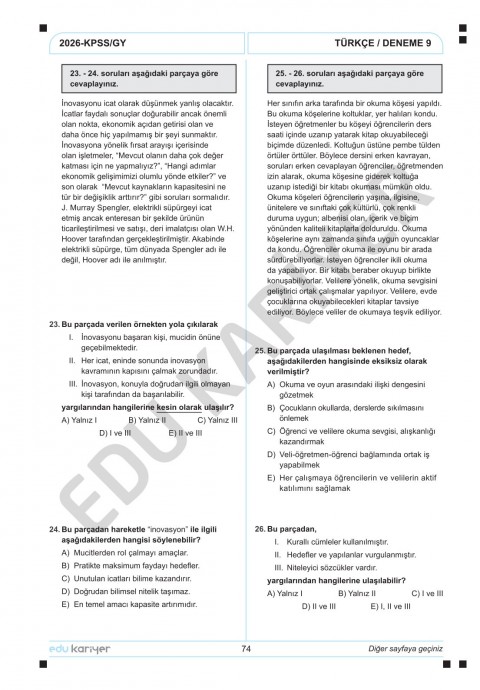 Edu Kariyer Deniz Hoca 2026 KPSS Türkçe 10'lu Branş Deneme Tamamı Çözümlü