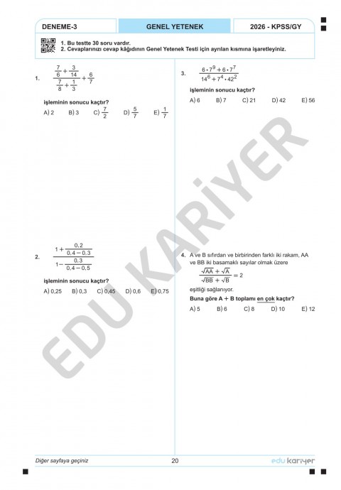 Edu Kariyer Mert Hoca 2026 KPSS Matematik 10'lu Branş Deneme Tamamı Çözümlü