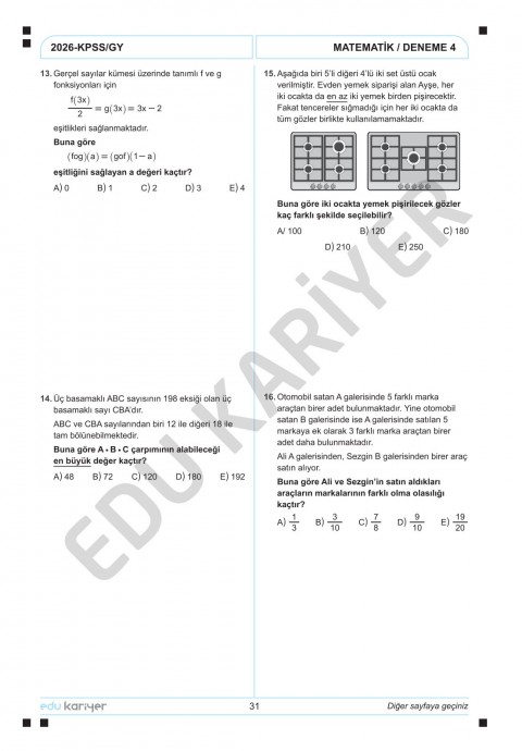 Edu Kariyer Mert Hoca 2026 KPSS Matematik 10'lu Branş Deneme Tamamı Çözümlü