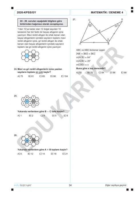 Edu Kariyer Mert Hoca 2026 KPSS Matematik 10'lu Branş Deneme Tamamı Çözümlü