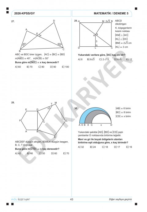 Edu Kariyer Mert Hoca 2026 KPSS Matematik 10'lu Branş Deneme Tamamı Çözümlü